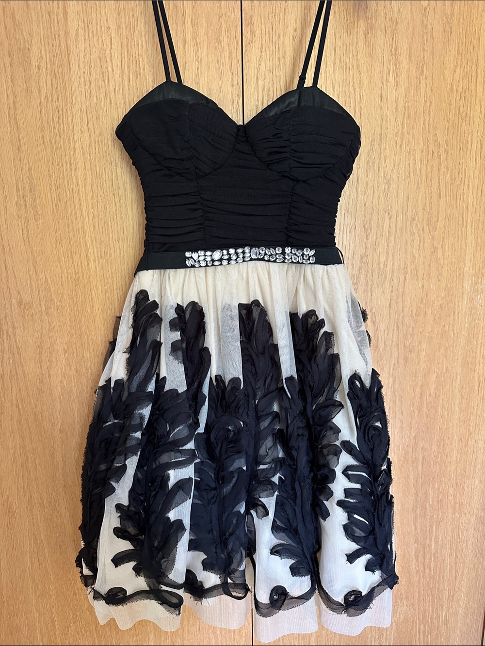 New Never Worn!!! Black & Ivory Floral Appliqué Dress with Jeweled Waist